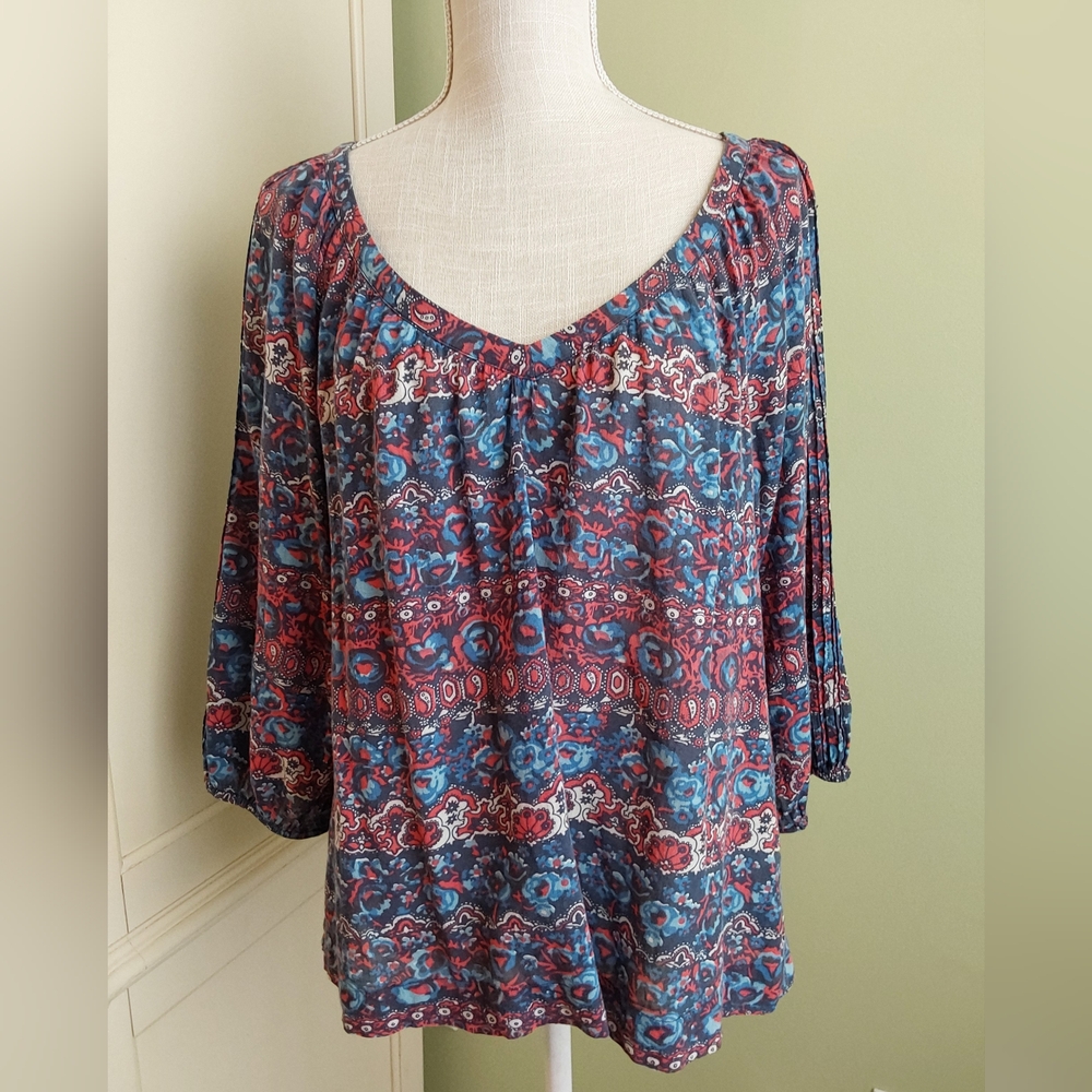 Lucky Brand Blue and Red Pintucked Pleated Sleeve Blouse